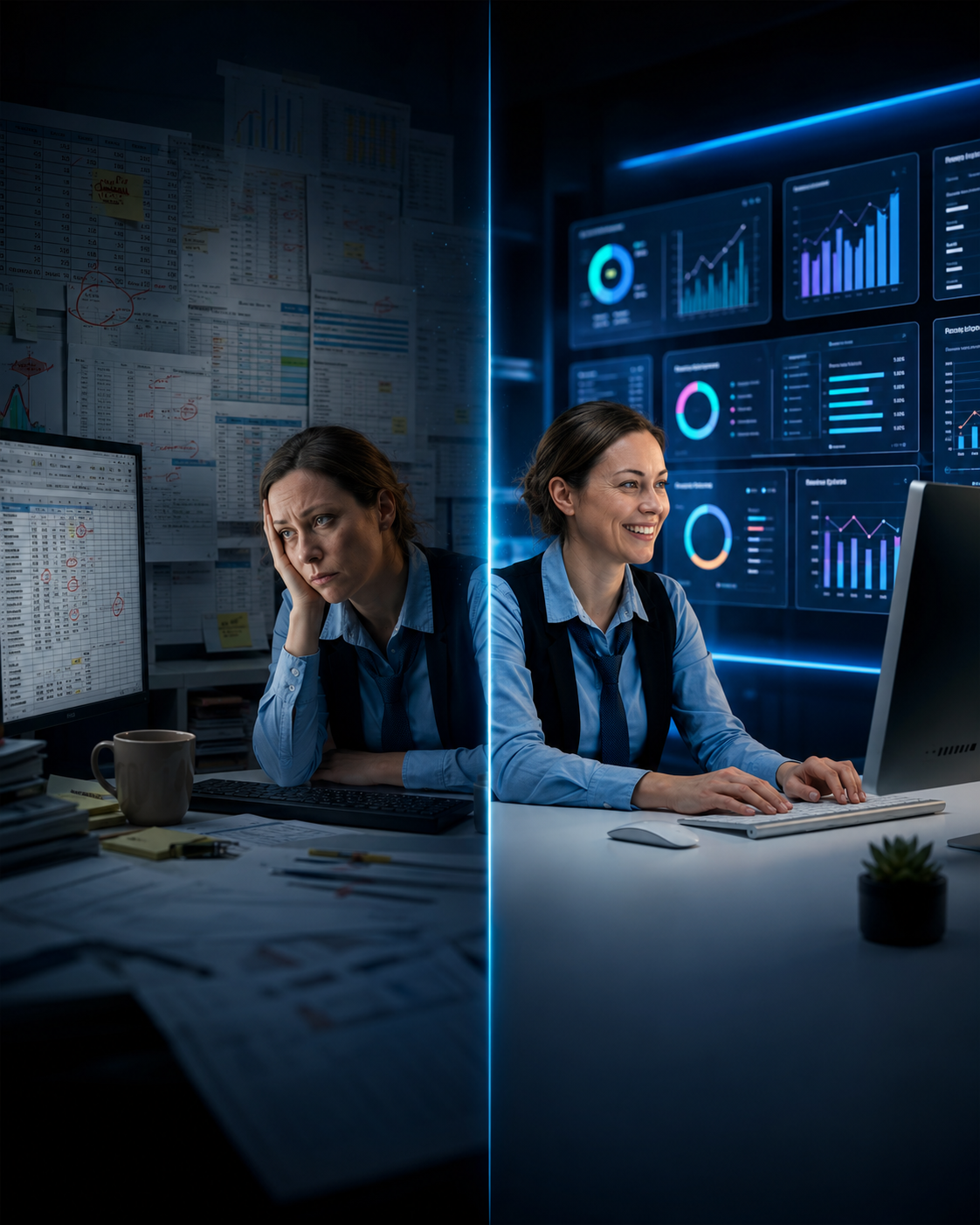 Antes e depois: processos manuais em planilhas versus dashboards automatizados da HaltSys