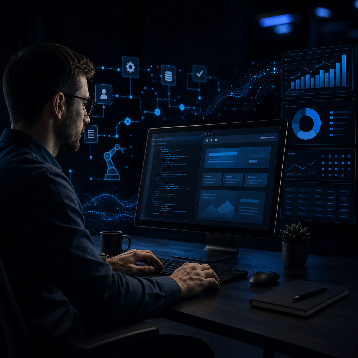 Desenvolvedor trabalhando com dashboards e automações da HaltSys