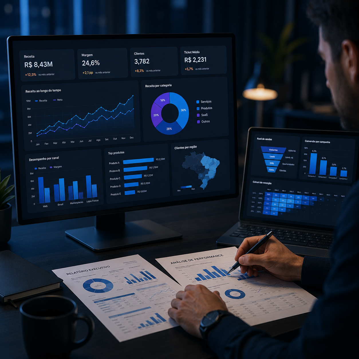 Painel CRM com histórico de clientes