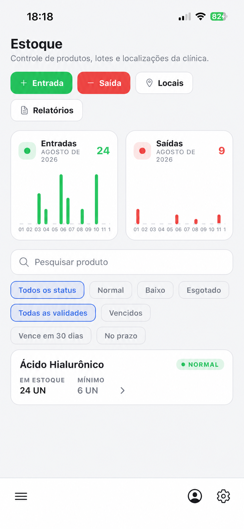 Aplicativo Núclea com controle de estoque e dados fictícios