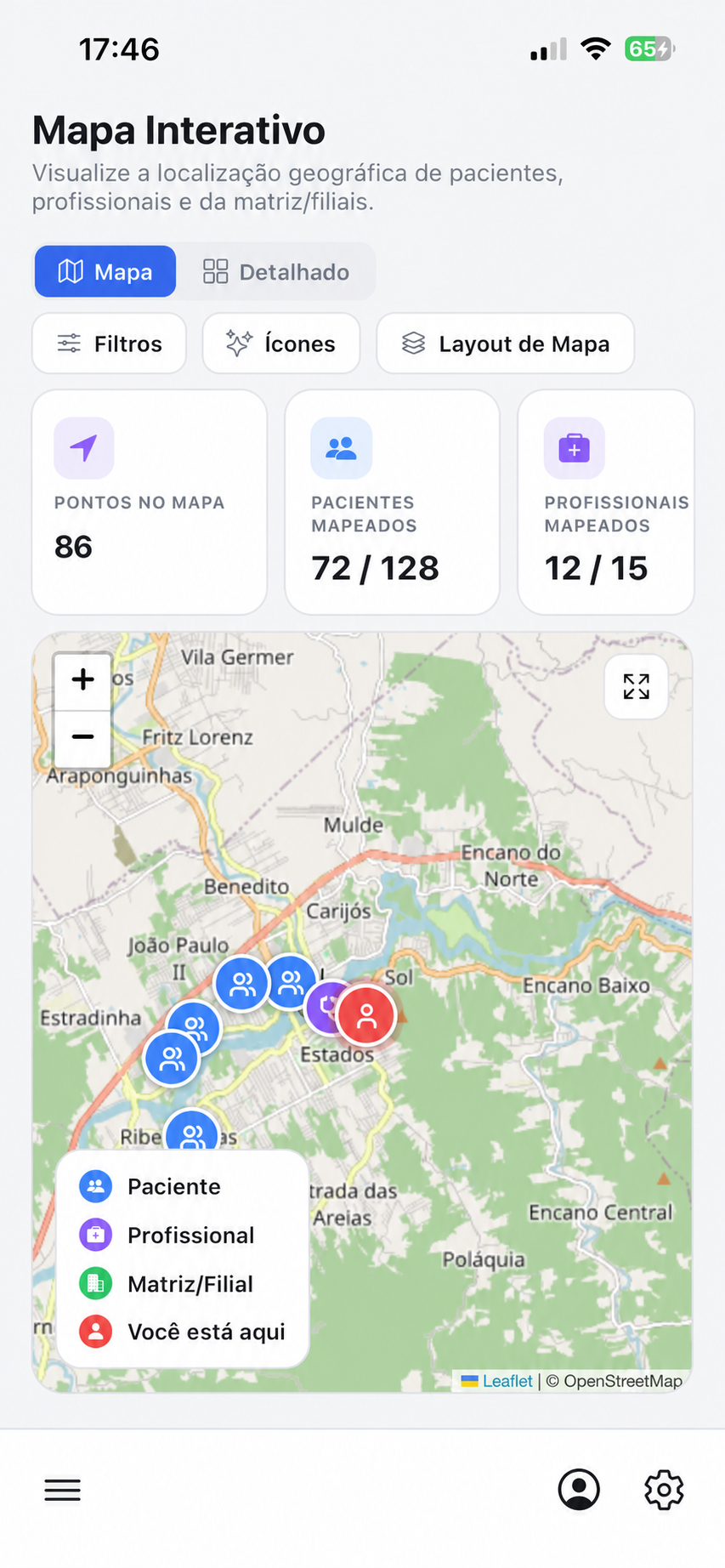Aplicativo Núclea com mapa interativo e dados fictícios